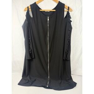 Pinc Black Cold Shoulder Zip Front Tunic Top Ruffle Ladder Sleeve Top M